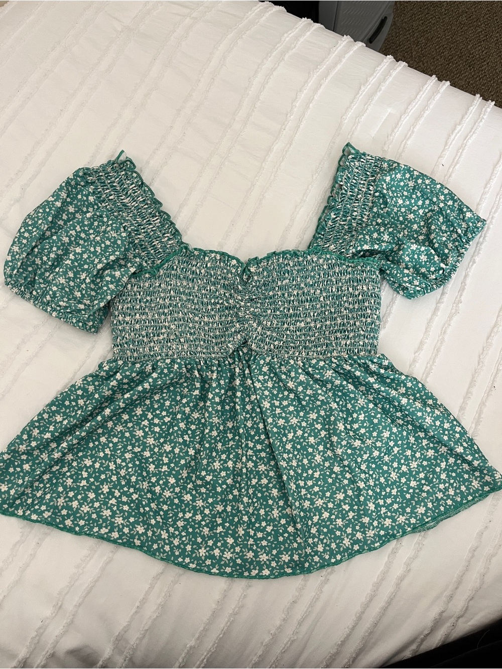 Green Floral Smocked Peasant Blouse